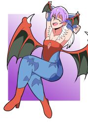 1girls 2021 arms_behind_head bat_print blue_pantyhose capcom clothing crossed_legs darkstalkers demon_wings female female_only flat_chest fully_clothed gauntlets head_wings heel_boots hi_res leotard lilith_aensland looking_at_viewer mizului pantyhose purple_hair red_eyes short_hair smiling smiling_at_viewer solo succubus wings wink winking_at_viewer