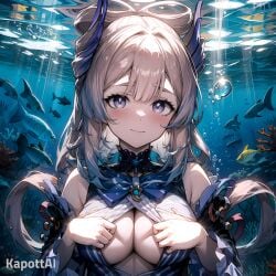 ai_generated air_bubble animal bangs bare_shoulders blue_eyes blush breasts bubble bubbles center_opening cleavage closed_mouth detached_sleeves female fish genshin_impact kapottai large_breasts long_hair looking_at_viewer paizuri_invitation sangonomiya_kokomi shirt smile solo underwater upper_body