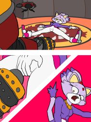 absurd_res anthro blaze_the_cat camel_toe covering covering_crotch dildo domestic_cat dr._eggman drone felid feline felis female fur hi_res horrified imminent_rape lying machine male male/female mammal on_back open_mouth pornwhal purple_body purple_fur ridged_dildo robot scared sega sex_toy sonic_(series) sonic_the_hedgehog_(series) spread_legs spreading