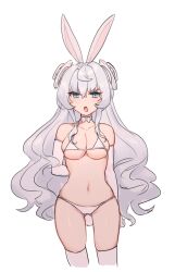 arms_behind_back bikini blue_eyes bunny_ears counter:side detached_collar fake_animal_ears hair_ornament horizon_(counter:side) long_hair micro_bikini open_mouth ribbon swimsuit thighhighs white_hair white_ribbon white_swimsuit white_thighhighs yoopooh