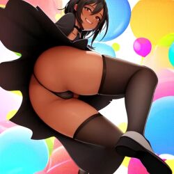 1girls ai_generated aihentai.co anything_diffusion balloon black_hair dark-skinned_female dark_skin female from_below happy loafers original_character short_hair smile smiling solo stable_diffusion thighhighs thong viewed_from_below