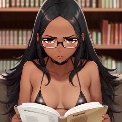 1girl 1girls ai_generated aihentai.co angry angry_face anything_diffusion bikini black_hair book breasts choker college college_student dark_skin dark_skinned_female female glasses library nipples_visible_through_bikini original_character schoolgirl small_breasts solo stable_diffusion