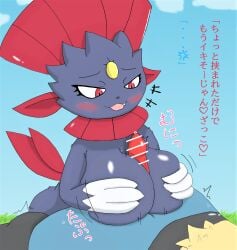 animal_genitalia anthro big_breasts breast_play breasts censored claws duo erection female female_focus generation_4_pokemon genitals grass hand_on_breast hi_res japanese_text lucario male male/female manyula nintendo outside paizuri penis plant pokemon pokemon_(species) sex smile text titjob translation_request weavile zk_(artist)