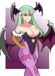 1girls 2021 bat_print capcom clothing darkstalkers demon_wings female female_only gauntlets green_eyes green_hair hand_on_hip head_wings heart_shape hi_res leotard long_hair looking_at_viewer medium_breasts mizului morrigan_aensland pantyhose purple_pantyhose smiling smiling_at_viewer solo succubus thick_thighs wings