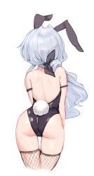 animal_ears armlet ass bare_shoulders cameltoe counter:side cowboy_shot cropped_legs female fishnet_thighhighs fishnets from_behind hair_over_shoulder highleg highleg_leotard highres horizon_(counter:side) leotard long_hair low_ponytail playboy_bunny pussy_visible_through_clothes pussy_visible_through_leotard rabbit_ears rabbit_tail shoulder_blades silver_hair simple_background solo tail thigh_gap thighhighs white_background yoopooh