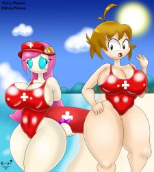 2girls alternate_version_available areolae beach big_breasts breasts clothed embarrassed female female_only hat kirby_(series) kirby_planet_robobot lifeguard mighty_switch_force multiple_girls one-piece_swimsuit open_mouth outdoors outside patricia_wagon public superstarplasma surfboard susanna_patrya_haltmann susie_(kirby) swimsuit