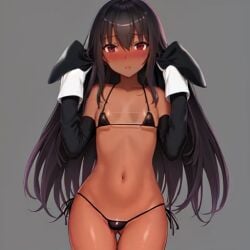 1girls ai_generated aihentai.co anything_diffusion blush blushing dark-skinned_female dark_skin embarrassed female hands_up long_hair long_sleeves micro_bikini open_mouth original_character red_eyes shy solo stable_diffusion startled thong very_long_hair