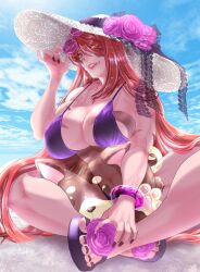 1girls beach breasts eyewear eyewear_removed floater fuma_kotaro_(tenkaichi) hair_between_eyes hat hi_res large_breasts looking_at_viewer muscular muscular_female nagaiyuki094 nail_polish orange_hair parted_lips sandals smile solo sunglasses sunglasses_removed tenkaichi_nihon_saikyou_bugeisha_ketteisen thick_thighs