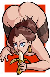 1girls ass banana big_ass big_breasts blue_eyes breasts brown_hair busty donkey_kong_(series) earrings eyeshadow female female_focus female_only hourglass_figure jewelry lipstick long_hair looking_at_viewer mario_(series) mascara nintendo nude nude_female nudity nylons on_all_fours pauline red_background simple_background solo stockings suggestive_gesture tagme thighhighs trpxart white_border wide_hips