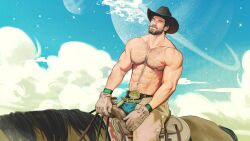 1boy 2022 abs bara barazoku biceps cigarette clothing cowboy_hat daddy facial_hair gay hairy hairy_arms hairy_chest hi_res highres katto8452 lin.katto male male_focus male_nipples male_only manly muscles muscular muscular_arms muscular_male nipples solo solo_male