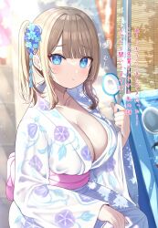 baby_blue_clothing blue_eyes broken_object cleavage cute dialogue frustrated goldfish_scooping huge_breasts japanese_text light_brown_hair one_side_up pout pouting scoops squiggle yukata