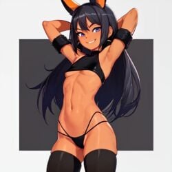 1girls ai_generated aihentai.co anything_diffusion arm_cuffs arm_warmers blue_eyes breasts bunny_ears dark-skinned_female dark_skin female grin grinning hands_behind_head hands_on_hair happy long_hair original_character small_breasts smile smiling solo stable_diffusion thighhighs thong topwear underboob visible_ribs