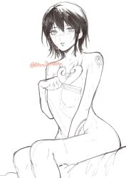 blush canon_genderswap chest_tattoo cleavage female female_only genderswap_(mtf) monochrome one_piece rule_63 short_hair shounen_jump sitting sketch solo tattoo tattoos tiradmisx towel trafalgar_law trafalgar_law_(female) wet_skin