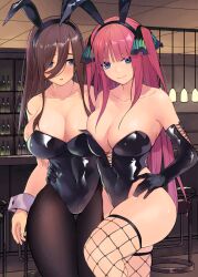 2girls alternate_costume ass bare_shoulders black_pantyhose blue_eyes blush brown_hair brown_pantyhose bunny_ears bunny_girl bunny_tail bunnysuit cleavage fishnet fishnet_legwear fishnet_stockings footwear go-toubun_no_hanayome hair_between_eyes huge_breasts kosmos_beta long_hair long_sleeves looking_at_viewer nakano_miku nakano_nino open_mouth pink_hair playboy_bunny sisters sleeves_past_elbows smile thighhighs uncensored wrist_cuffs