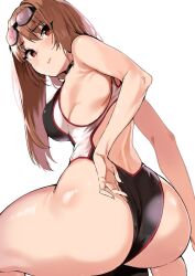 ass back back_view blush competition_swimsuit frustrated goddess_of_victory:_nikke goggles_on_head huge_ass looking_down medium_breasts official_alternate_costume rapi_(classic_vacation)_(nikke) rapi_(nikke) sideboob swimming_goggles thick_thighs thighs wide_hips