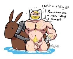 adventure_time adventure_time:_fionna_&_cake balls bara beard biceps big_penis blonde_hair completely_nude cum dialogue_bubble dinojaiba22 farmworld_finn finn_the_human fionna_and_cake gay hairy_chest hat looking_at_viewer male_focus male_only muscular_male naked pecs precum pubic_hair robotic_arm solo_male wet_body white_background