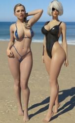 2girls 2robots 3d android big_ass big_breasts big_butt bikini black_hairband blonde_hair blue_eyes breasts chloe_(detroit:_become_human) daz3d daz_studio detroit:_become_human female female_only gynoid hairband legs machine nier:_automata pin3d ponytail robot sexbot short_hair swimsuit swimwear white_hair yorha_2b