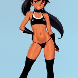 1girls ai_generated anything_diffusion black_eyes black_hair choker female fit_female flat_chest gloves grin grinning gym_clothes happy original_character ponytail posing smile smiling solo stable_diffusion tan tan_body tan_skin tanned thighhighs thong