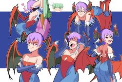 2021 2girls ass bat_print blue_pantyhose capcom clothing darkstalkers demon_wings face_between_breasts female female_only flat_chest gauntlets green_eyes green_hair head_between_breasts head_wings heart large_breasts leotard lilith_aensland long_hair mizului morrigan_aensland multiple_views pantyhose pink_pantyhose pout purple_hair red_eyes short_hair smile succubi succubus succubus_wings very_high_resolution wings yawning