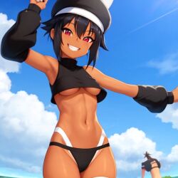 1girls ai_generated aihentai.co anything_diffusion arm_warmers armpits bangs beanie_hat belly black_clothing black_hair breasts choker dark-skinned_female dark_skin female hands_behind_head happy medium_breasts original_character red_eyes short_hair smile smiling smiling_at_viewer solo stable_diffusion tank_top thong underboob