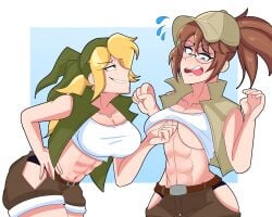 2021 2girls abs blonde_hair blush brown_hair clothes_lift embarrassed eri_kasamoto female female_only fio_germi glasses long_hair metal_slug mizului muscular_female round_glasses smiling snk underboob very_high_resolution yuri