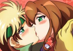 2girls blush brown_hair capcom crossover french_kiss green_eyes iris_(mega_man) kotatuman_dash long_hair marvel marvel_comics marvel_vs._capcom mega_man mega_man_x mega_man_x_dive multiple_girls rogue_(x-men) tagme x-men yuri