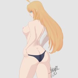 1girls ahoge ass_cleavage back back_view bare_back bare_thighs black_panties blonde_hair blue_eyes breasts butt_crack clarisse_(fire_emblem) dressing female female_only fire_emblem fire_emblem:_new_mystery_of_the_emblem frown long_hair medium_breasts nintendo nipples pale_skin panties solo thick_thighs thighs topless underwear very_long_hair vinegar_juri