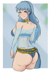 1girls alternate_costume alternate_hairstyle alternate_version_available ass back back_view bare_back big_ass bikini blue_bikini blue_hair blue_swimsuit breasts commission female female_only fire_emblem fire_emblem:_three_houses fire_emblem_heroes in2naps long_hair looking_at_viewer looking_back marianne_von_edmund marianne_von_edmund_(summer) medium_breasts nintendo official_alternate_costume see-through smile solo swimsuit veil