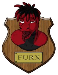 2015 alpha_channel anthro black_body black_skin coat_of_arms death digital_drawing_(artwork) digital_media_(artwork) furx_(character) hi_res lizard male red_body red_eyes red_skin red_tongue reptile scalie simple_background solo taxidermy text thefianna tongue tongue_out transparent_background