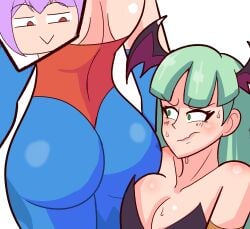 2022 2demons 2girls :> absurd_res ass blue_pantyhose bubble_butt capcom clothing darkstalkers female female_only green_eyes green_hair head_wings large_breasts leotard light_blush lilith_aensland long_hair looking_at_ass mizului morrigan_aensland narrowed_eyes purple_hair red_eyes short_hair succubi succubus wavy_mouth white_background