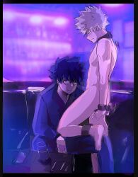 blush clothed_male_nude_male collar cuffs darkline gay izuku_midoriya katsuki_bakugou male male_only my_hero_academia naked_male nude sex_toy sweatdrop tagme yaoi