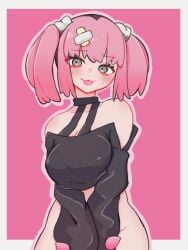 1girls :3 asa_yada bandage blush coral_(pokemon) covering_pussy eyelashes female hair_ornament light-skinned_female light_skin no_panties no_skirt partially_clothed partially_nude pink_hair pokemon pokemon_(anime) pokemon_horizons thick_thighs tongue tongue_out twintails