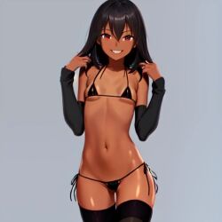 1girls ai_generated aihentai.co anything_diffusion arm_warmers dark-skinned_female dark_skin female grin grinning grinning_at_viewer hands_on_hair happy medium_hair micro_bikini original_character skimpy_bikini small_breasts smile smiling smiling_at_viewer solo stable_diffusion thighhighs thong visible_ribs