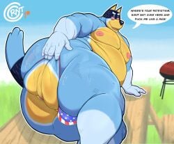 2023 absurd_res anthro ass australian_cattle_dog bandit_(bluey) bandit_heeler bedroom_eyes belly big_belly big_bulge big_butt big_moobs bluey_(series) bodily_fluids bubble_butt bulge butt_squish canid canine canis cattledog clothed clothing clothing_aside cocoronut day demanding dialogue domestic_dog english_text eyebrows fur furniture grill hand_on_butt herding_dog hi_res huge_butt huge_thighs hypnotic_eyes inviting looking_at_viewer looking_back looking_back_at_viewer love_handles lying male mammal moobs narrowed_eyes nipples on_side on_table open_mouth open_smile outside overweight overweight_anthro overweight_male pastoral_dog picnic_table presenting presenting_hindquarters profanity seductive shadow signature smile solo spiral_eyes spread_butt spreading squish stars_and_stripes superchub sweat table talking_to_viewer text thick_thighs thong thong_aside topless topless_anthro topless_male tuft underwear underwear_aside united_states_of_america