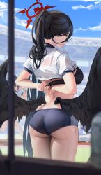 black_bra blue_archive bra feathered_wings feathers hasumi_(blue_archive) hasumi_(gym_uniform)_(blue_archive) hikinito_(leviathan) justice_task_force_(blue_archive) red_eyes removing_bra shirt_lifted trinity_general_school_student wings