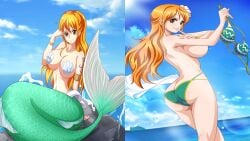 big_breasts female female_only hot_spring kuroko mermaid nami nami_(one_piece) one_piece orange_hair post-timeskip raida_(j5einmnjp3r49k6) tattoo