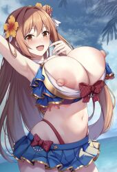 armpit blush breasts_out cloud clouds cloudy_sky frilled_swimsuit happy huge_breasts large_areolae nipples nipples_outside nozomi_(princess_connect!) ocean one_arm_up orzcan paintcan palm_tree princess_connect! smile swimsuit