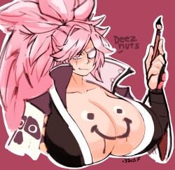 1girls 2d :) artist_name baiken brush cleavage clothed_female color drawing eyepatch female female_only guilty_gear huge_breasts humor ink kimono pink_hair ponytail scar simple_background smiley_face smug tecfuzz