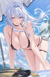 all_fours bag bikini goggles huge_breasts light_blue_hair long_hair looking_aside naughty_face original sg_(satoumogumogu) shion_alfine_(satoumogumogu) sunscreen thigh_strap very_long_hair wet_skin