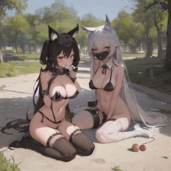 2girls ai_generated animal_ears big_breasts black_fur brown_eyes cleavage closed_eyes collar exposed_shoulders exposed_thighs femsub latex_clothing lingerie multiple_girls multiple_subs nekomimi nemus_waifu_generator on_knees open_eyes outdoors outside pooplool stockings sub_only submissive_female tagme thighs white_background