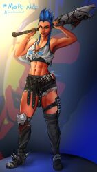 1girls abs axe blue_hair clothed female female_only fully_clothed junker_queen marikoneko marikoneko0 muscular muscular_female overwatch overwatch_2 solo standing