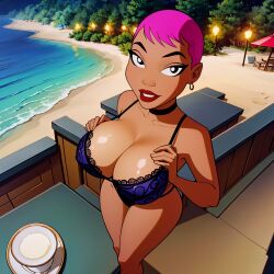 1girls ai_generated batman_(series) batman_beyond beach big_breasts big_lips bra dark-skinned_female dark_skin dc dc_comics female female_only lipstick max_gibson pink_hair short_hair solo tagme unknown_artist