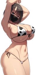 armpits arms_around_head arms_up black_hair bob_cut cowprint face_mask huge_breasts huge_thighs micro_bikini samegami thick_thighs thong_bikini wide_hips