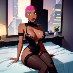 ai_generated batman_(series) batman_beyond big_breasts big_lips black_lingerie dc_comics dcau lingerie max_gibson pink_hair sexy_lingerie short_hair sitting_on_bed stockings tagme