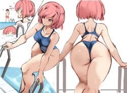 1boy 1girls bubble_butt comic doki_doki_literature_club excited female female_focus huge_ass male mc_(doki_doki_literature_club!) medium_breasts multiple_views natsuki_(doki_doki_literature_club) one-piece_swimsuit partially_submerged rakeemspoon solo_focus spoken_heart swimming_pool thick_thighs waving wide_hips