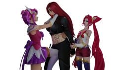 3girls ball_gag defeated femdom femsub jinx_(league_of_legends) katarina_du_couteau kinkyleague3d knee_between_legs league_of_legends luxanna_crownguard multiple_girls putting_on_gag restrained shocked_expression star_guardian_jinx star_guardian_lux