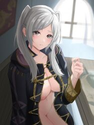 1girls braid breasts brown_eyes cleavage coat female female_only fire_emblem fire_emblem_awakening grey_hair highres indoors large_breasts looking_at_viewer medium_hair naked_coat nintendo nipples peli_cantaro robin_(fire_emblem) robin_(fire_emblem)_(female) solo twintails