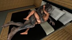 3d 3d_(artwork) alien alien_vs._predator_(franchise) commander_shepard crossover digital_media_(artwork) dominant_female dreadlocks duo female female_yautja halhatatlanhalando hi_res human humanoid interspecies larger_female male male/female maleshep mammal mass_effect muscular muscular_male on_bed predator_(franchise) size_difference sleeping smaller_human smaller_male source_filmmaker submissive submissive_human submissive_male xenophilia yautja