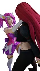 2girls ball_gag femdom femsub jinx_(league_of_legends) katarina_du_couteau kinkyleague3d knee_between_legs league_of_legends luxanna_crownguard multiple_girls putting_on_gag star_guardian_jinx star_guardian_lux star_guardian_series suggestive_look