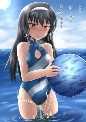 beach_ball blush girls_und_panzer hi_res holding_ball homare_(suzu_no_oka) ocean one-piece_swimsuit peeing peeing_in_water peeing_into_water peeing_self peeing_swimsuit peeing_through_clothing reizei_mako reupload standing_in_water swimsuit swimwear translation_request urinating urination urine urine_stream water wetting wetting_self